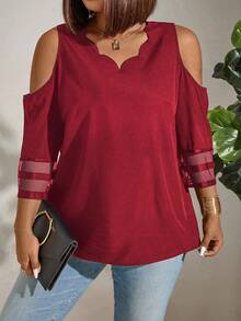 Plus Size Women Sheer Shoulder Casual Versatile Daily Wear Blouse - Red - View 4