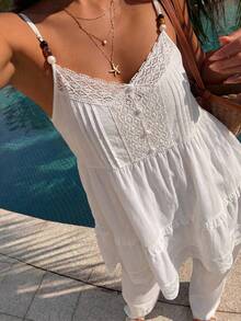 DAZY Ladies' Solid Color Simple Casual Camisole,Ruffle Babydoll Top - White - View 2