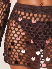 MISSGUIDED Rok Mini Jala Berpayet untuk Wanita, Pakaian Pesta Pantai Jala - Coklat - View 6