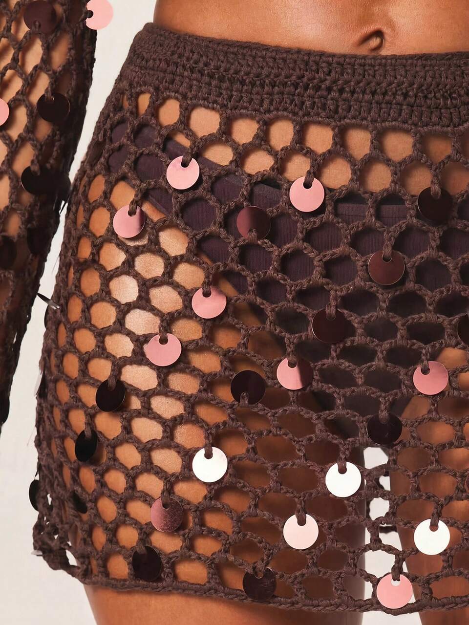 MISSGUIDED Women Sequined Mesh Cover Up Mini Skirt Fishnet Beach Party Outfit