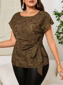 Reflora Plus Size Women Round Neck Batwing Short Sleeve Side Tie Blouse - Brown - View 6