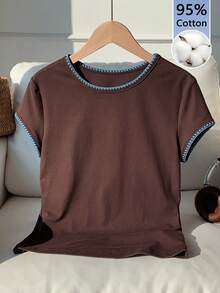 Comfortcana 女士休闲T恤，撞色贝壳刺绣 - 棕色 - 查看 6