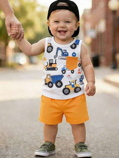 SHEIN Playful Pals Baby Boy Cartoon Dinosaur Print Sleeveless Vest + Solid Green Shorts Set, Lively & Cute Style, Suitable For Outdoor Adventure, Comfortable Home Wear, And Happy Party Time