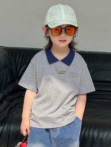 DAZY Young Boy Contrast Color Collar Short Sleeve Casual Loose T-Shirt Summer - Grey - View 2