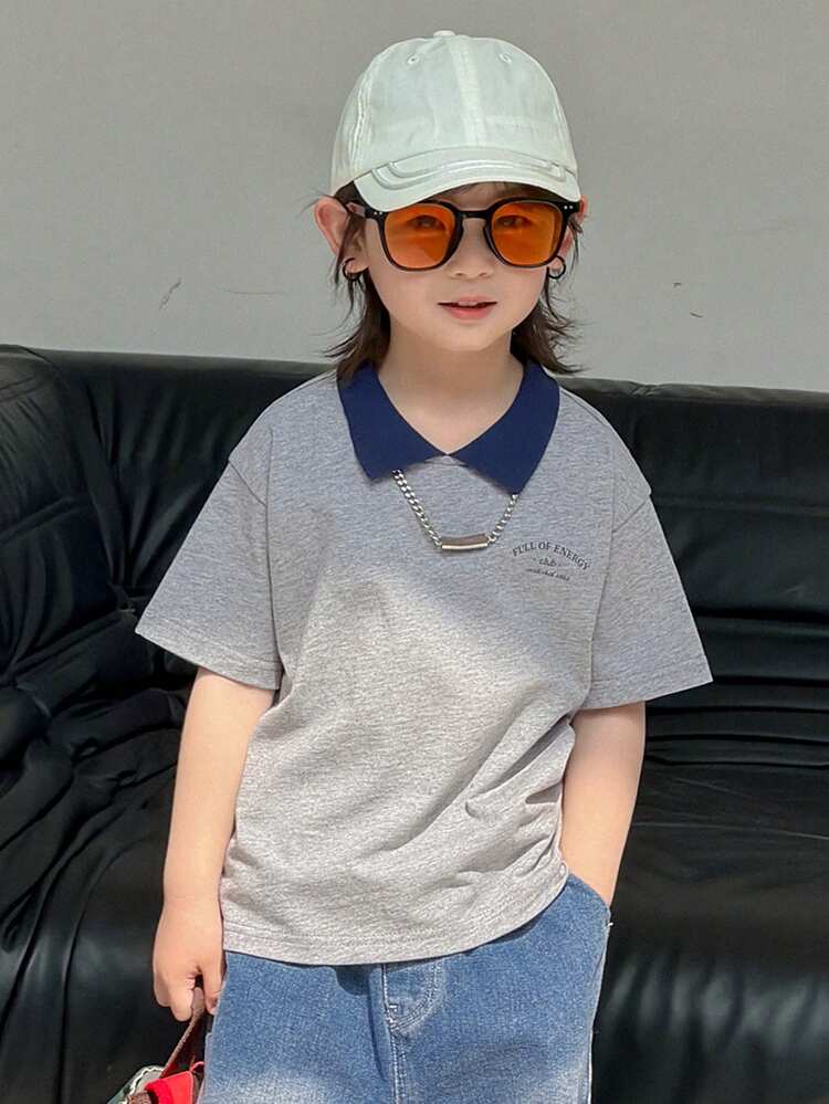 Young Boy Contrast Color Collar Short Sleeve Casual Loose T-Shirt Summer