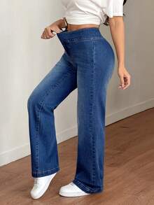 SHEIN Tall 女士高腰阔腿宽松休闲百搭牛仔裤 - 中等水洗藍 - 查看 7