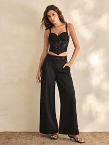 Charlaine 1 pieza Corsé estilizador de mujer con encaje negro floral y cierre de botones - Negro - Ver 4