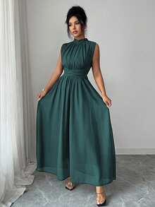 Elenzga Vestido Longo Feminino de Verão/Primavera, Estilo Francês Romântico da Sicília, Elegante e Casual, Ideal para Passeio, Férias, Chá da Tarde, Cor Sólida em Chiffon, Gola Alta, Solto, Amarração Cruzada na Cintura, Linha A, Laço, Sem Mangas, Forrado - Verde Escuro - Visão 5