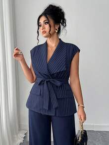 Elenzga Plus Size Women's Elegant Asymmetrical Lapel Open Front Blazer With Belt & Wide Leg Pants 2 Pieces Set, Spring/Summer - Blue and White - View 7