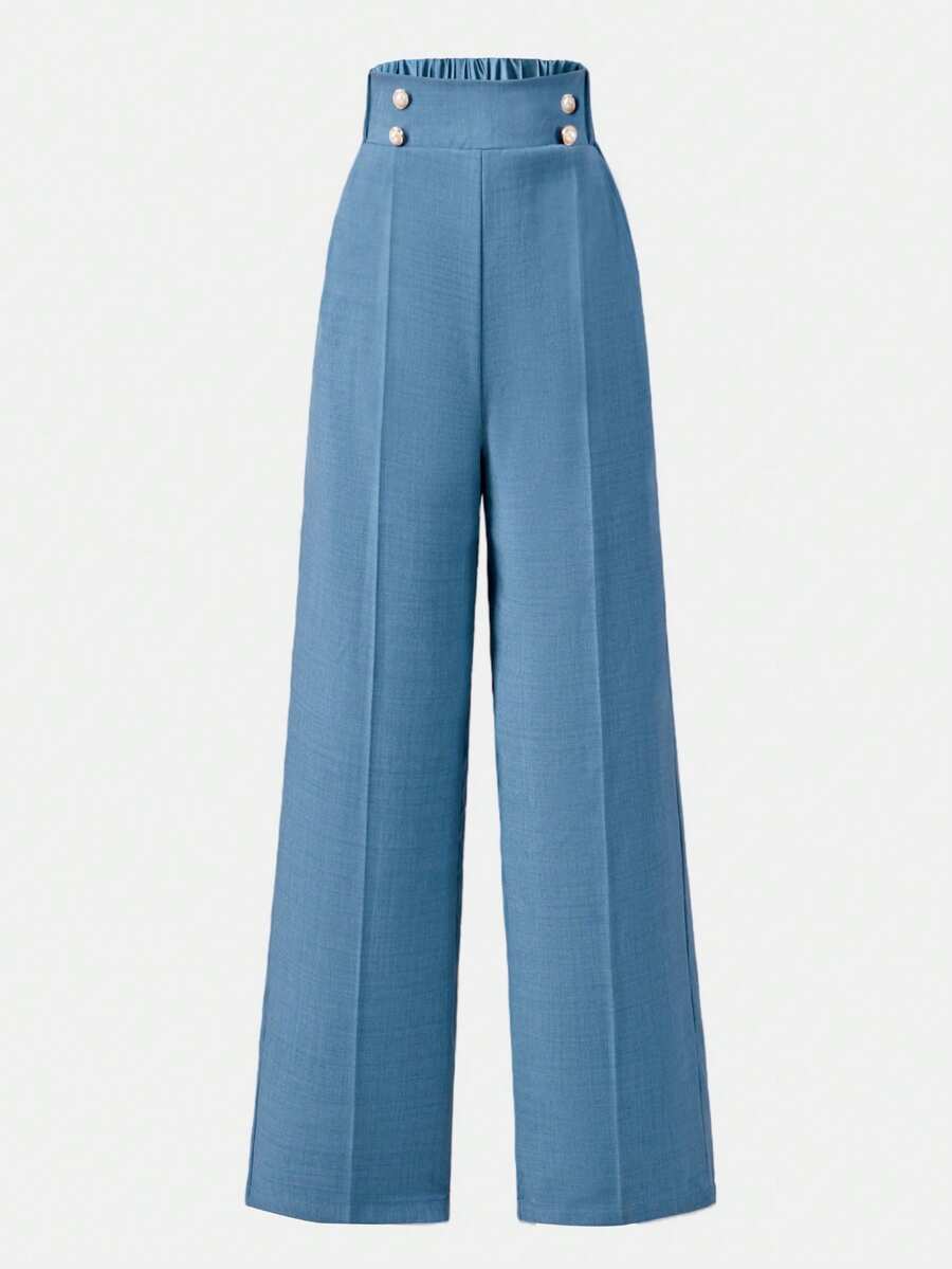 SHEIN Tween Girls' Elegant Straight-Leg Pants With Double Buckle, Suitable For Commuting - Blue - View 1