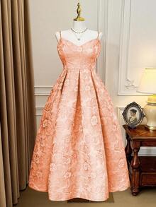 Rometta Robe de soirée élégante à encolure en V et froncée pour femmes grandes tailles - Orange - Voir 1