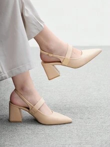 CUCCOO BIZCHIC 女士鞋履 春秋季尖头粗跟中跟杏色金属扣装饰女士露跟鞋 时尚经典简约通勤约会派对假日度假女士高跟鞋 - 奶茶杏 - 查看 3