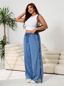 Solflare Plus Size Women Blue Summer Casual Everyday Wide Leg Jeans,Drawstring Elastic Waist Side Button Design Loose Denim Pants,Chic Y2k Streetwear Costume - Blue - View 7