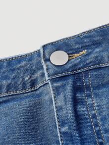 Sweetra 女士休闲牛仔裙，带口袋和破洞裙摆 - 深色水洗藍 - 查看 3