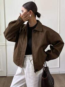 DAZY Autumn/Winter New Loose Casual Thick PU Women Regular Jacket - Brown - View 4