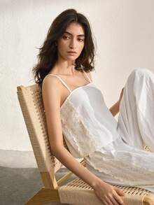 Ocili Bộ đồ ngủ 2 món phong cách Bohemian tối giản thêu họa tiết, thắt nơ, viền bèo nhún, chất liệu 100% cotton dành cho nữ. - trắng - Xem 1