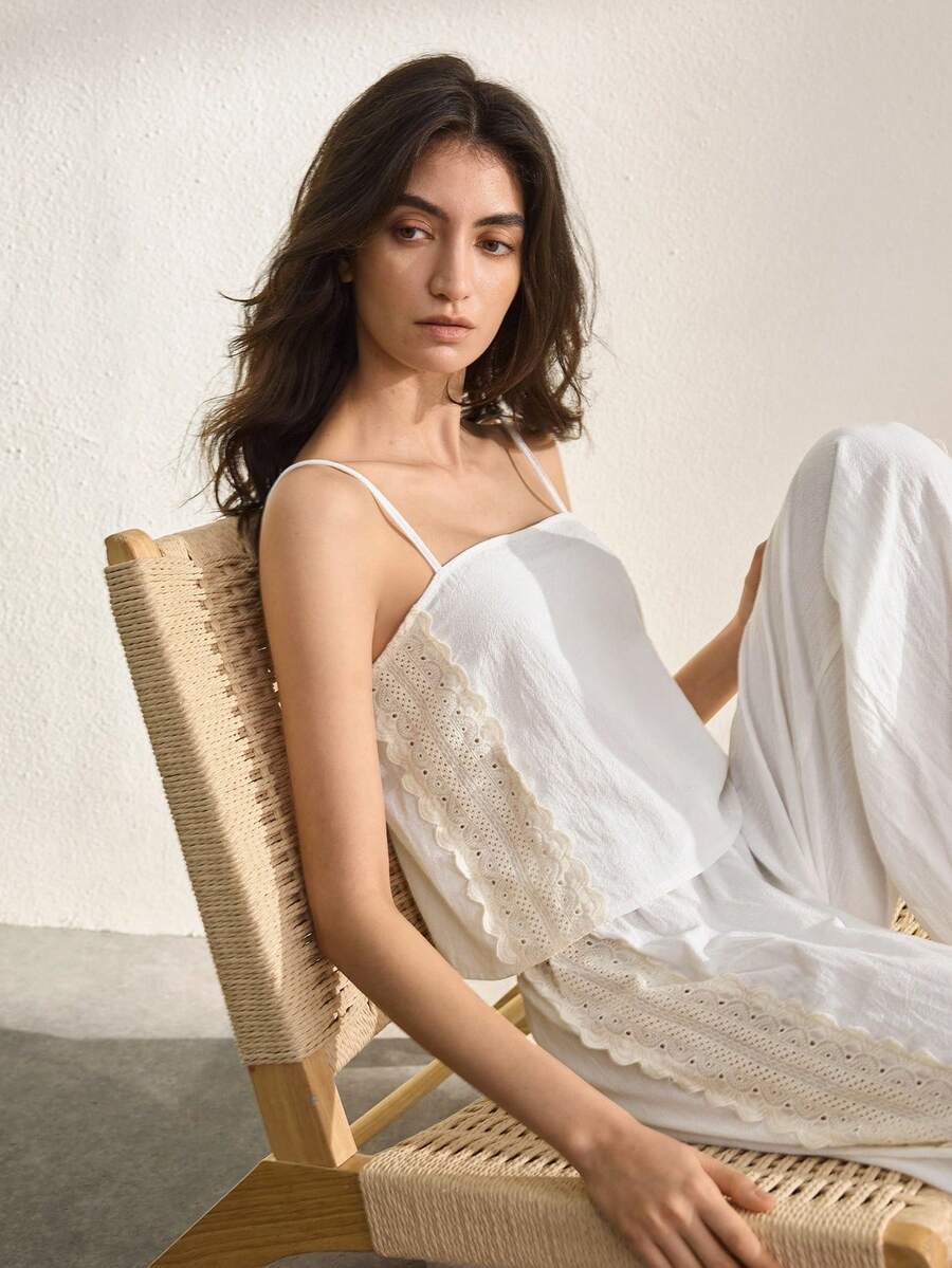 Ocili Bộ đồ ngủ 2 món phong cách Bohemian tối giản thêu họa tiết, thắt nơ, viền bèo nhún, chất liệu 100% cotton dành cho nữ. - trắng - Xem 1