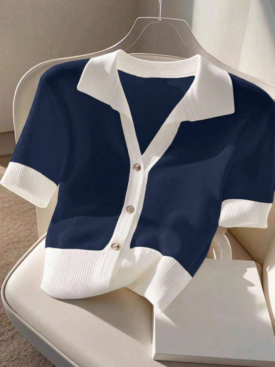 SHEIN Franclia 新款夏季柔软韩版休闲办公风 Polo 领针织女式上衣 - 寶藍色 - 查看 1