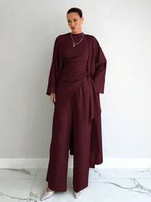 Siren Gaze 3 Pieces Set: Elegant Solid Color Blazer, Vest, And Pants For Commuting - Burgundy - View 2