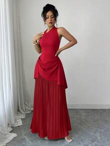 Elenzga Women's Color Block Halter Backless Elegant Waist Cinched Long Party Dress - Red - View 6