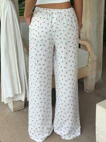 SHEIN EZwear Quần ống rộng thắt eo in họa tiết, chất liệu dệt màu trắng dành cho nữ. - trắng - Xem 2