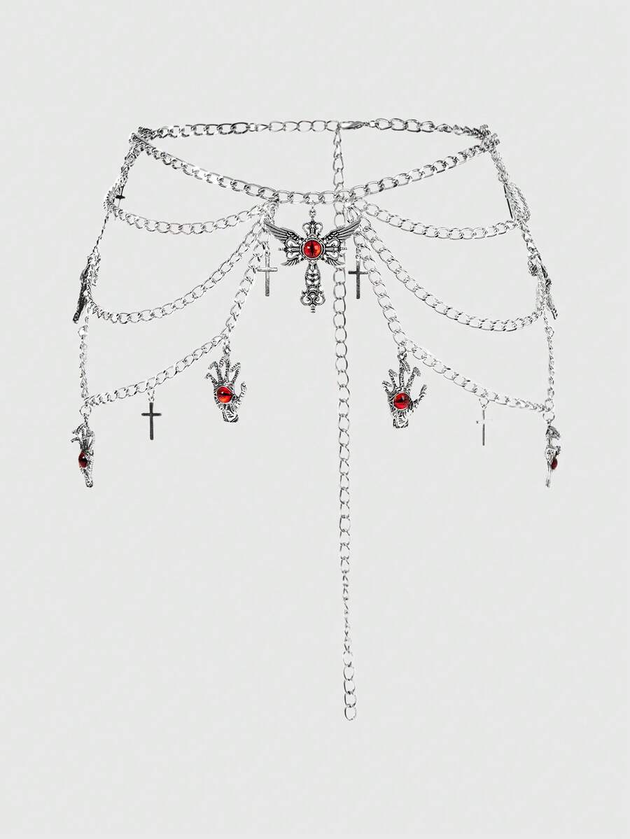 ROMWE Goth 一件式女士银眼十字饰品装饰暗黑朋克风三层腰链连衣裙牛仔裤配饰日常百搭 - 眼睛十字架腰鏈 - 查看 1