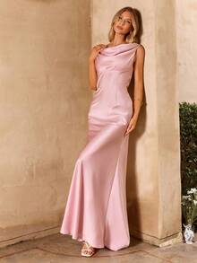 Enchnt 女士纯色垂褶领优雅收腰长款派对连衣裙 - 粉色 - 查看 7