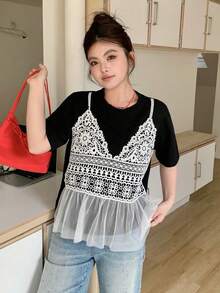 Dazy Plus Plus Size Summer Casual Colorblock Lace Patchwork T-Shirt - Black - View 6