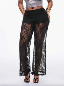 Coolane Women's Summer Going Out Chic Vacation Outfits Beach Outfits Lace Stretchy Comfortable Black Flare Pants - Black - View 1