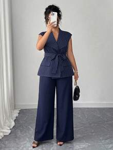 Elenzga Plus Size Women's Elegant Asymmetrical Lapel Open Front Blazer With Belt & Wide Leg Pants 2 Pieces Set, Spring/Summer - Blue and White - View 5