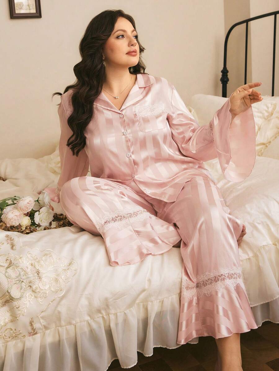Côtesoire French Romantic Lace Patchwork Vertical Striped Jacquard Lapel Open Front Plus Size Women PJS Sleepwear For Women Satin Pajamas Set - Pink - View 1