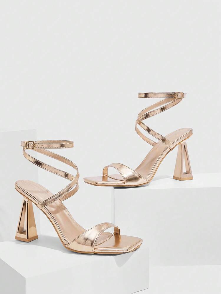 CUCCOO SZL Champagne Color Square Toe Chunky Heel Asymmetric Heel Open Toe Ankle Strap Sexy Fashion Party Occasion Women's High Heel Sandals