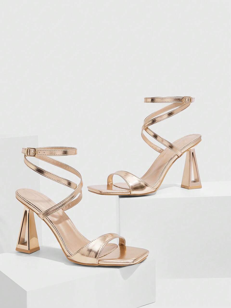 CUCCOO SZL Champagne Color Square Toe Chunky Heel Asymmetric Heel Open Toe Ankle Strap Sexy Fashion Party Occasion Women's High Heel Sandals Summer