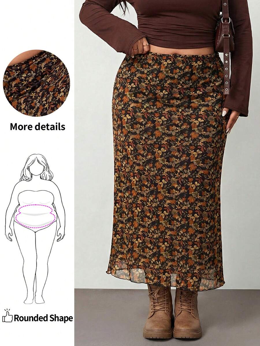 Enliva 2025 Autumn/Winter New Casual Outgoing Daily Wear Party Date Holiday Multi-Occasion Versatile Elastic Waist Earth Tone Ditsy Floral High Stretch Mesh Print Plus Size Skirt, For Apple And Rounded Body Shape - Multicolor - View 1