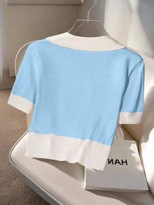 Franclia Áo polo cổ bẻ dệt kim kiểu Hàn Quốc mềm mại, thoải mái, đa năng cho nữ, thích hợp mặc đi làm, mùa hè mới. - Màu xanh nhạt - Xem 2