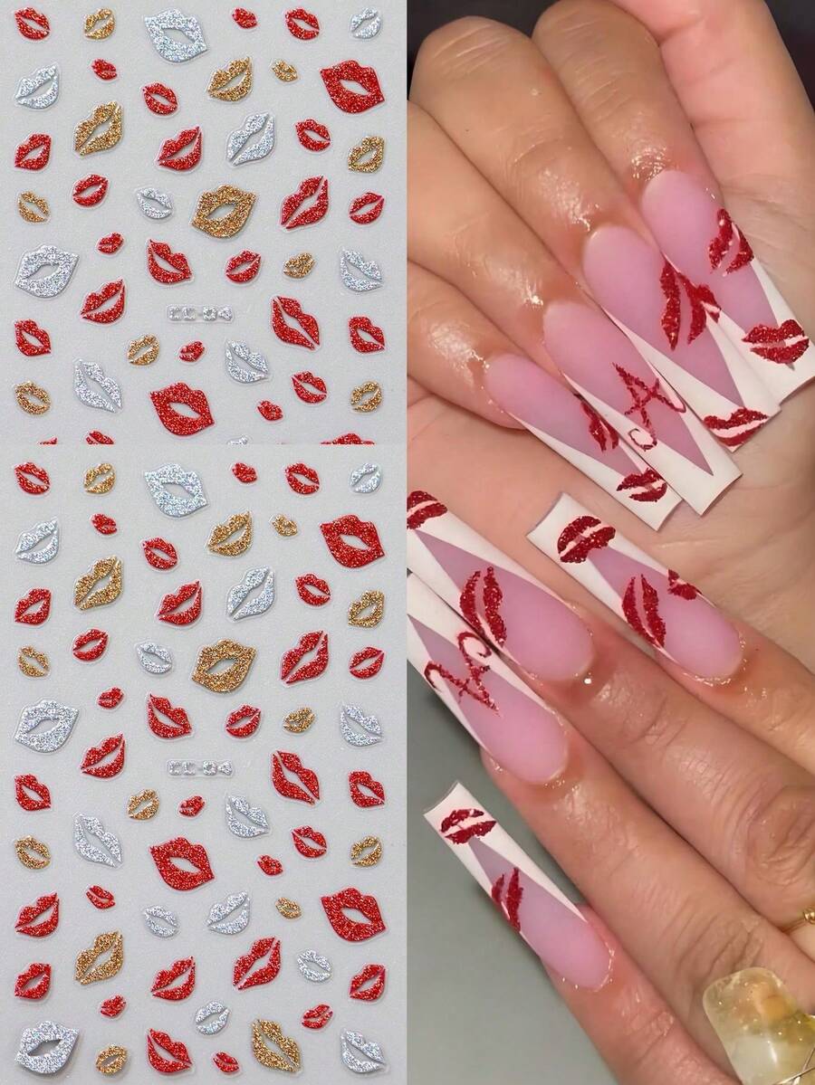 1pc Red Glitter Lip Nail Art Stickers, Shiny Gold/Silver Heart Nail Decals For Valentine's Day, Wedding, New Year DIY Nail Art Decorations Nails Nail Supplies - Multicolor - View 1