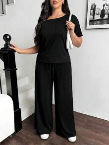 Shapeblank Plus Size Women Solid Color Asymmetric Neck Top And Wide Leg Pants Casual 2-Piece Set - Black - View 5