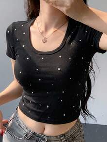 DAZY Round-Neck Rhinestone Decor Slim Fit Short Sleeve T-Shirt For Summer Casual Outfits Cute Tops,Crop Tops Women - Black - View 3