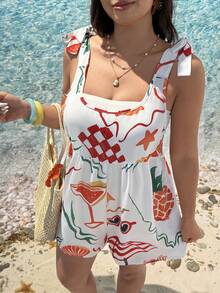 SHEIN EZwear Plus Size Ditsy Floral Tie Bow Jumpsuit, Vacation Style For Spring/Summer Resort Wear Women Vacation Women's Vacation Outfits Ladies Summer Holiday Clothes Summer Outfit For Women Beach Rompers For Women Vacation - Multicolor - View 3