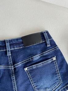 SHEIN Short en jean taille basse bicolore - Bleu azur - Voir 5