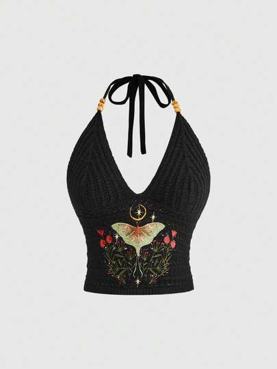 ROMWE Women's Summer Boho Dark Gothic Mysterious Moth & Floral Embroidery Halter Knit Top