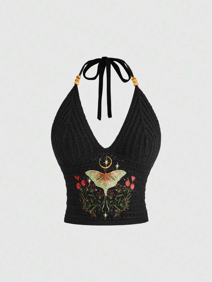 ROMWE Women's Summer Boho Dark Gothic Mysterious Moth & Floral Embroidery Halter Knit Top - Black - View 1