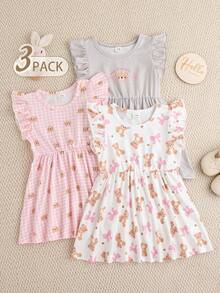 Souflis Souflis 3件套法式女童可爱小熊碎花印花短袖连衣裙，夏季 - 彩色 - 查看 3