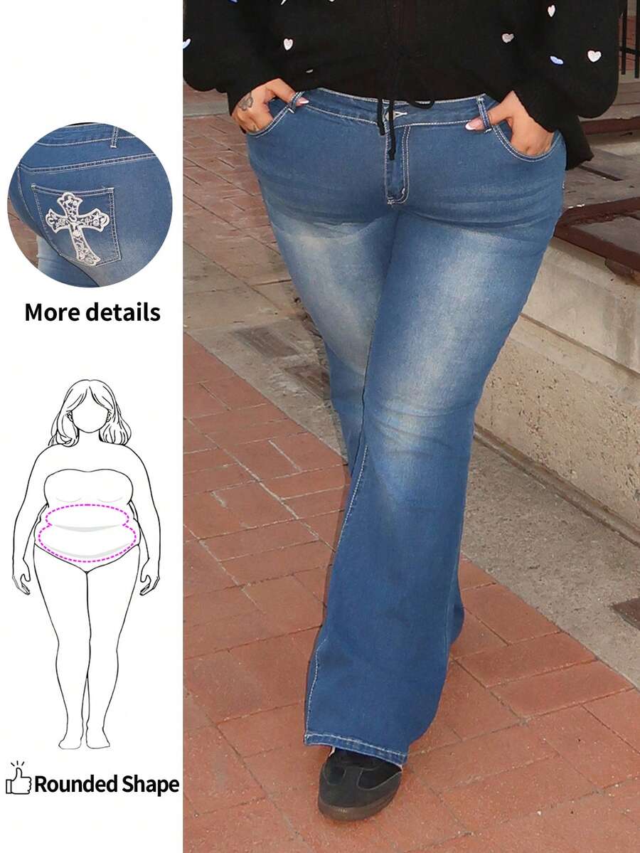 Enliva Plus Size Stretch Denim Flare Leg Jeans, Blue, Fall Women Clothes, For Apple Rounded Body Shape - Dark Wash - View 1