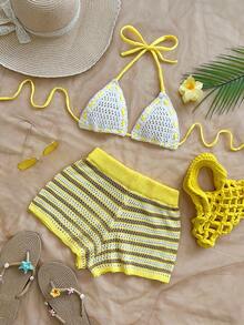 Soleia Trang phục dự tiệc cưới phong cách miền Tây, đi nghỉ mát mùa xuân & hè, tiệc tốt nghiệp, lễ hội âm nhạc ngày Thánh Patrick, lễ hội âm nhạc Phục Sinh, bộ đồ dệt kim sọc xanh thanh lịch phong cách Boho nhiệt đới gồm 2 món. - Màu vàng - Xem 5