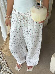 SHEIN EZwear Quần ống rộng thắt eo in họa tiết, chất liệu dệt màu trắng dành cho nữ. - trắng - Xem 8