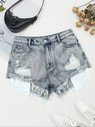 SHEIN Tall CURVE Quần short denim rách màu xanh dương dành cho nữ cỡ lớn