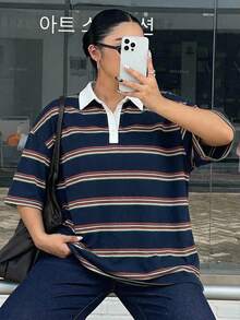Dazy Plus Loose Street Style Color Block Striped Polo Collar Long Sleeve Plus Size Women T-Shirt, Autumn Oversized - Navy Blue - View 2