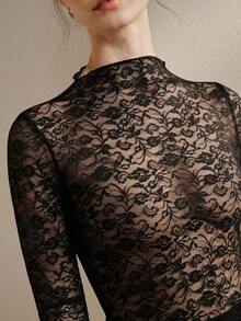 Anewsta Áo ren dài tay ôm dáng kiểu Pháp cổ điển, xuyên thấu. - màu đen - Xem 2