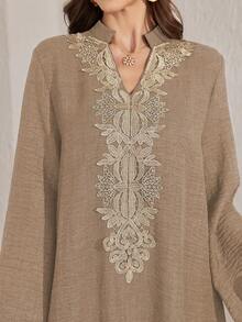 Al Najma Stand Collar Embroidered Floral Decor Dress, Elegant Style - Brown - View 7
